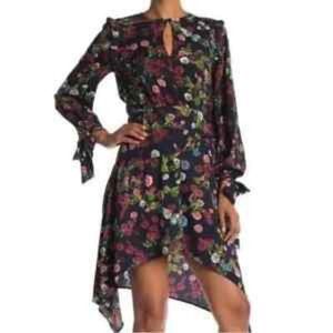 Walter Baker womens dress size XS navy floral print asymmetrical ruffle Andrea